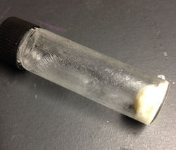 Chlorobutanol in a vial, with sublimated crystals
